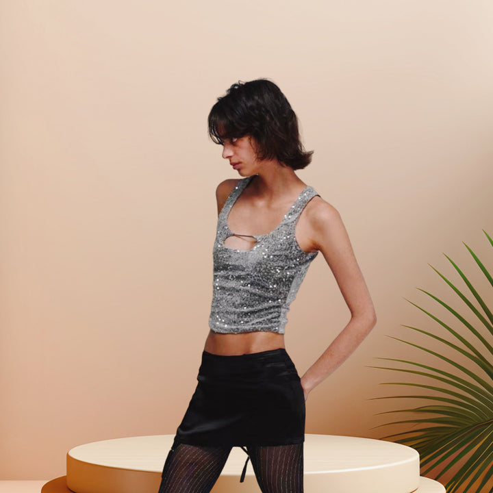 Kvinder Glitrende Crop Top med Glitrende Effekt og Scoop-Cut U-hals