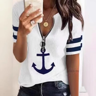 Dame Sporty T-shirt med lynlås og maritime motiver Skovae