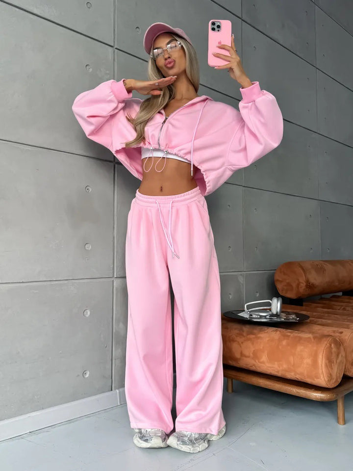 Kvinder cropped hoodie og brede joggerbukser sæt Skovae