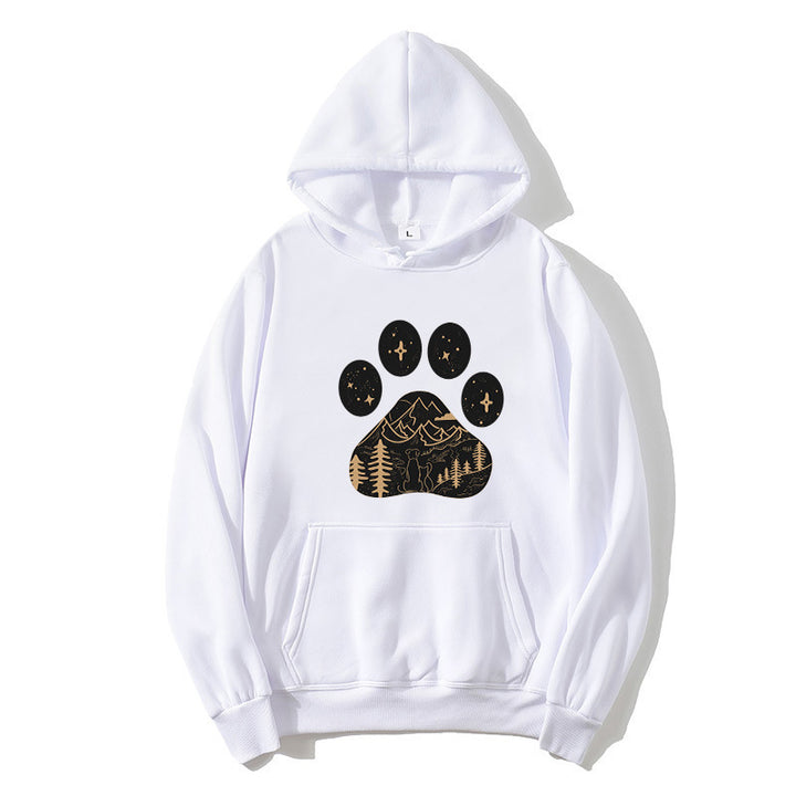 Dame hoodie med kreativ poteprint design og bjerglandskab Skovae