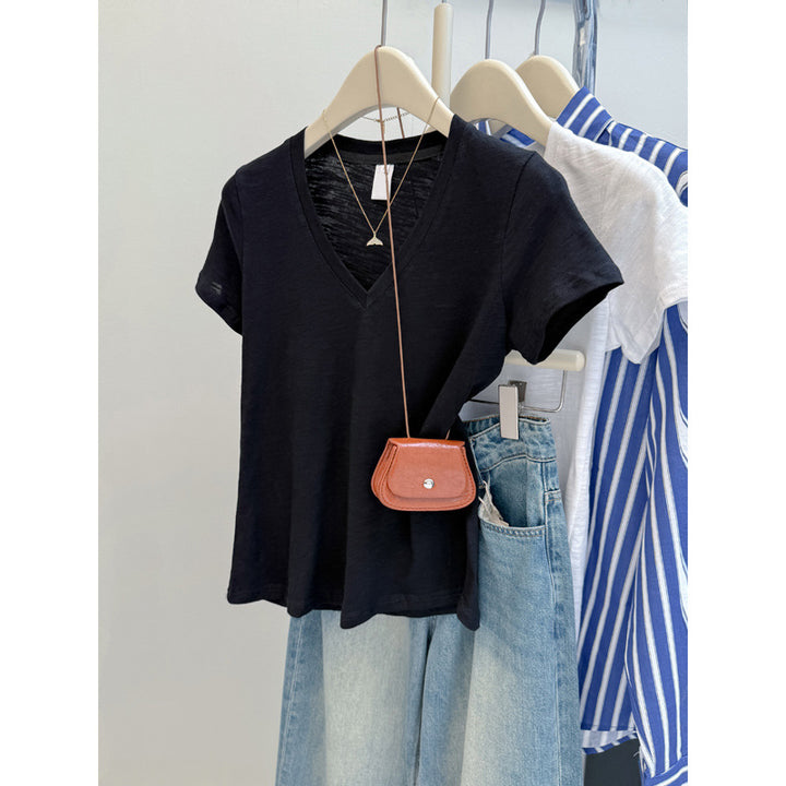 Dame Relaxed V-udskæring Slub T-shirt Stilla