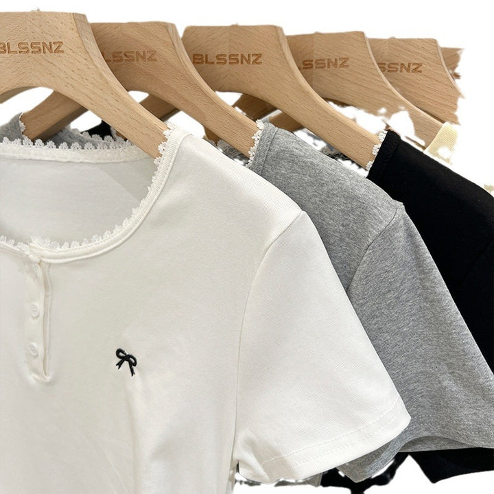 Dame Casual Kortærmet Henley Top med dekorativt Spidsbesætning Stilla