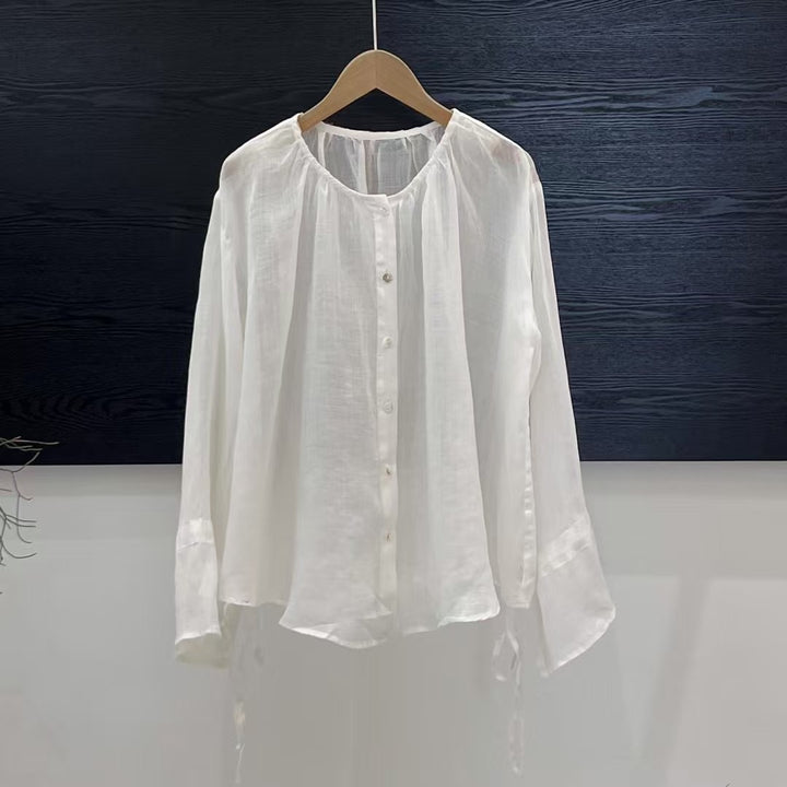Femme Let Button-Up-Bluse med justerbare bindebånd Stilla
