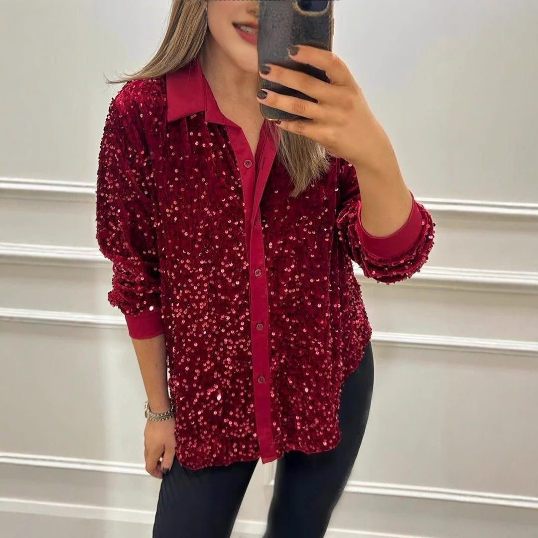 Kvindernes Funklende Paillet Bluse med Klassisk Krave Stilla