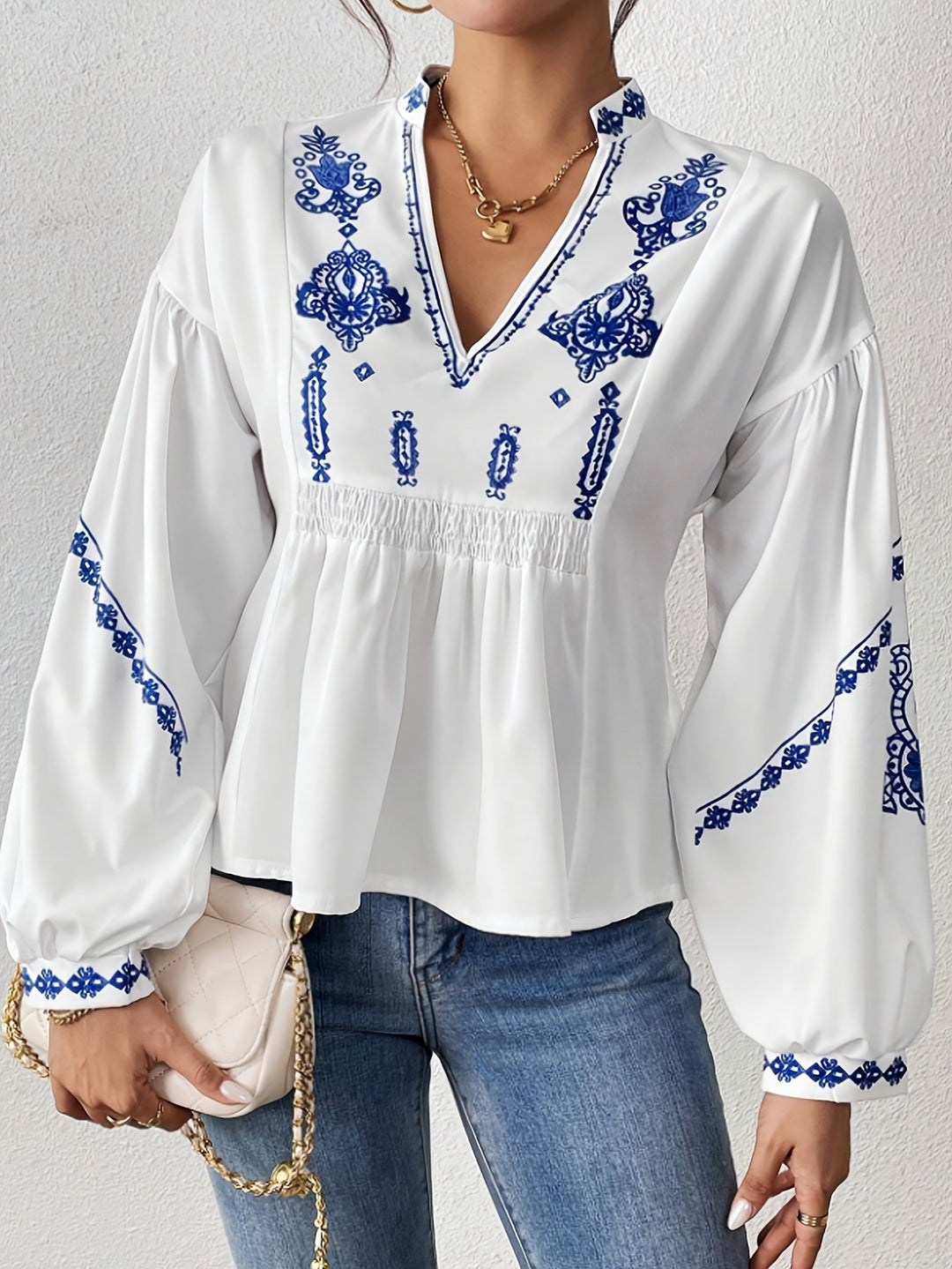 Femme Boho-inspireret broderet blouse Stilla