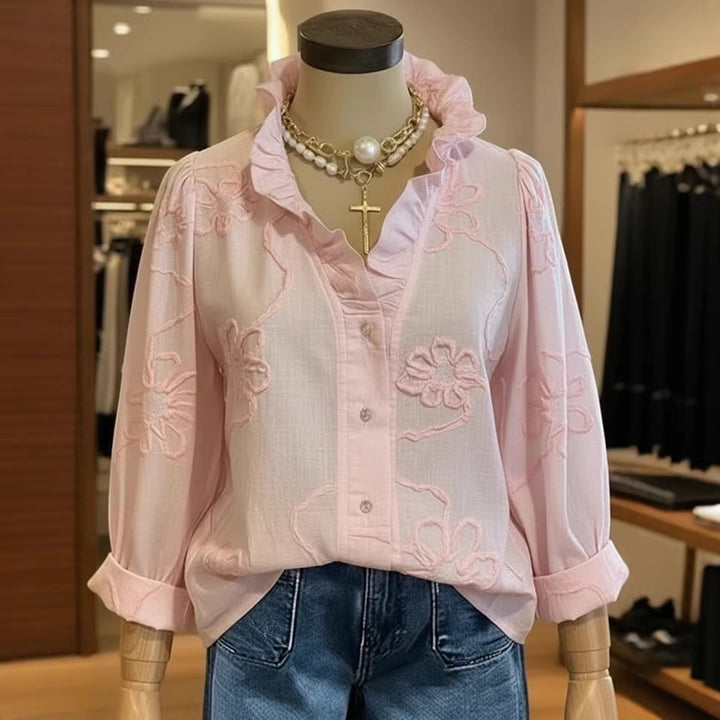 Dame elegant bluse med florale broderier og voluminøse ærmer Skovae