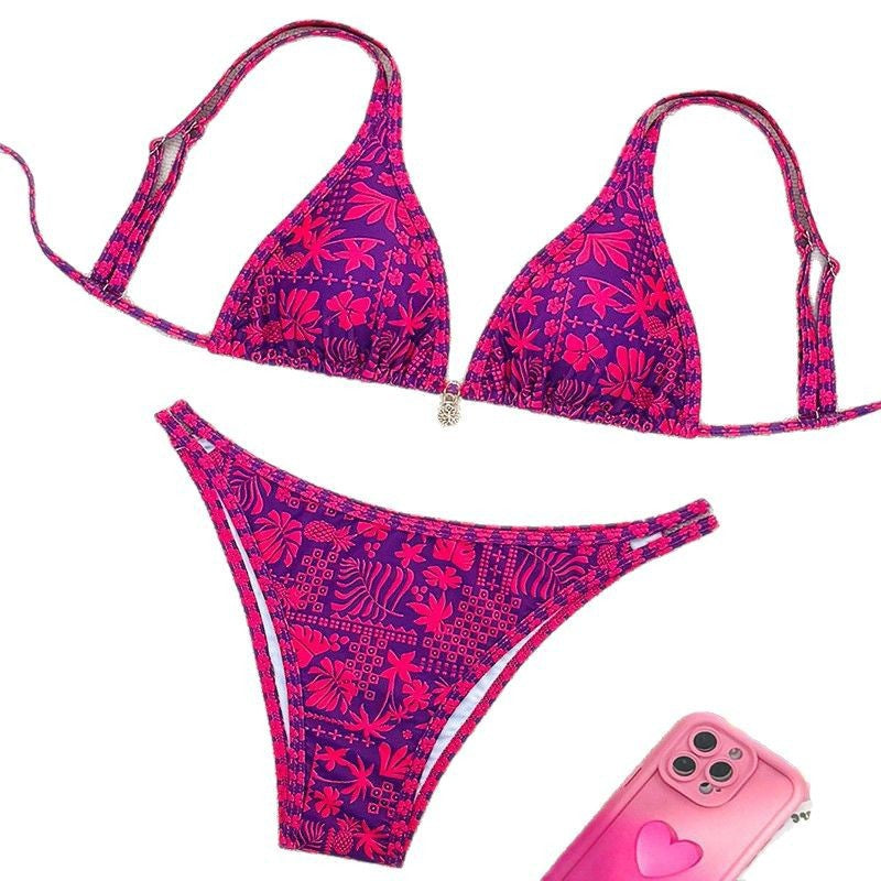 Dame triangel bikini sæt med blomstermønster og raffinerede bindebånd Skovae