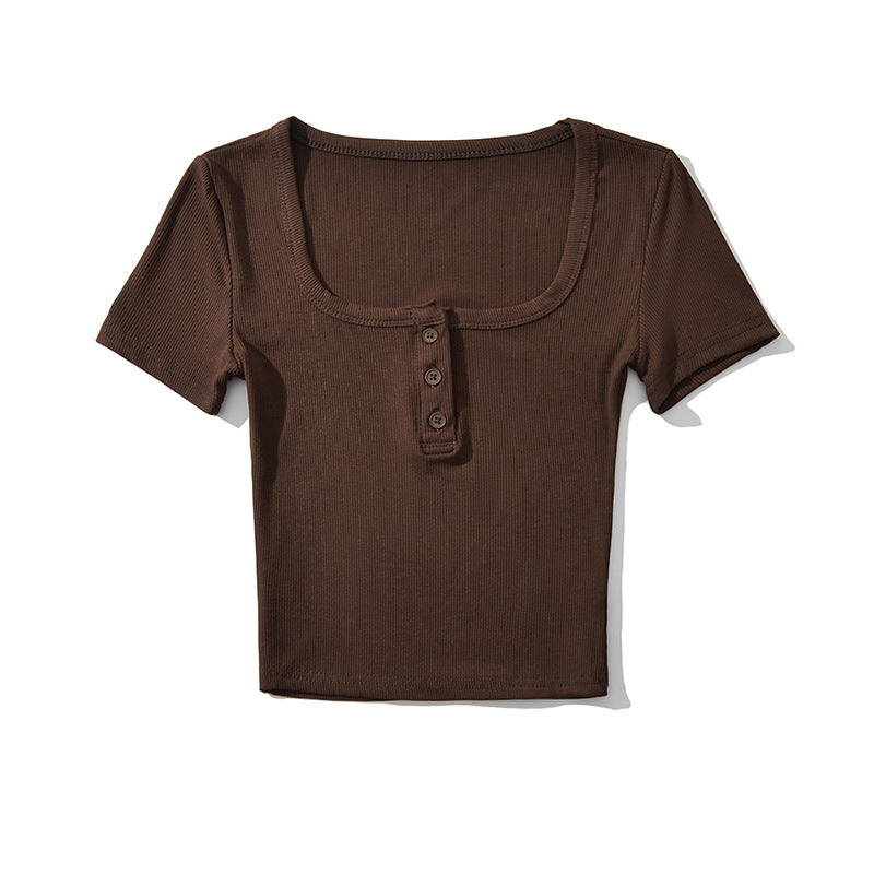 Dame cropped T-shirt med kvadratisk udskæring og knapdetaljer Stilla