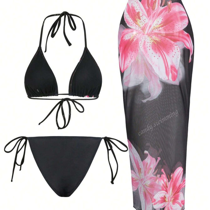 Dame Triangel-Bikini-Sæt med blomsterdesign og gennemsigtig Maxikjole Skovae