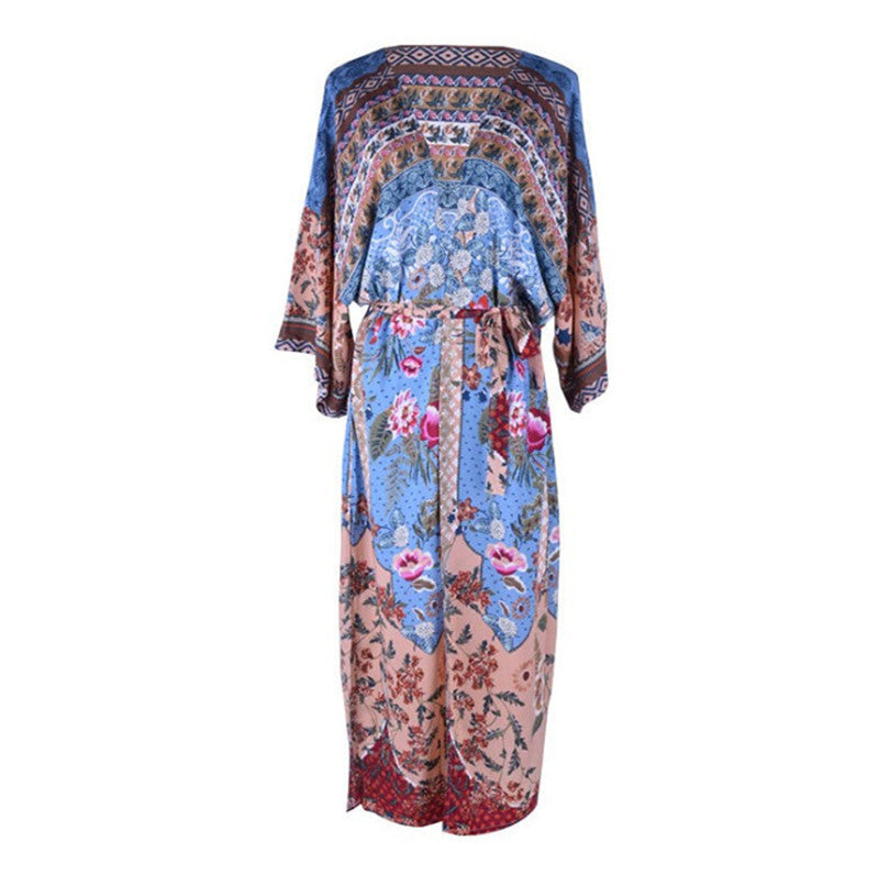 Dame Lang Strandkimono med blomsterdesign og elegant bælte Stilla