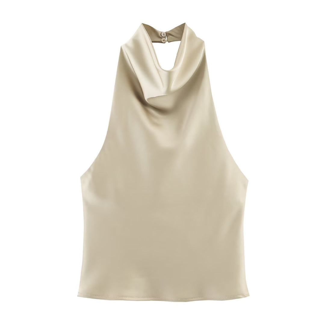 Dame elegant halterneck top med flydende snit og dekorative detaljer Skovae