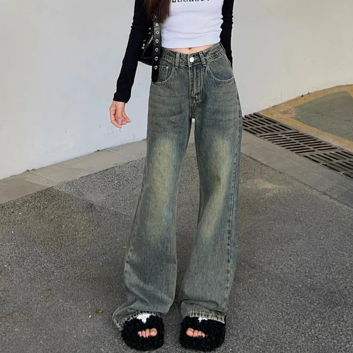 Kvinder Bred Skæring Høj Talje Denim Jeans Stilla