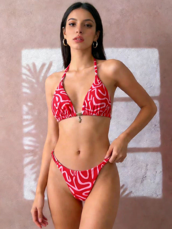 Dame triangel-bikini med blomster mønstre og justerbare bånd Skovae