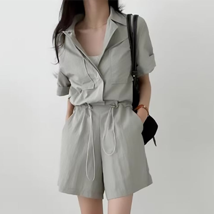 Dame komfortabel dobbelt sæt outfit med kortærmet skjorte og løse shorts Stilla