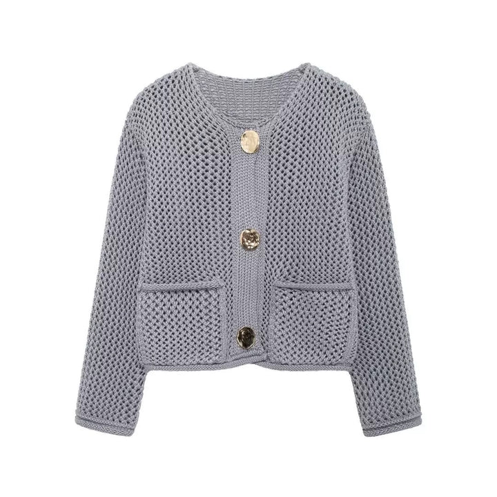 Kvinders cardigan med mesh struktur og store knapdetaljer Stilla