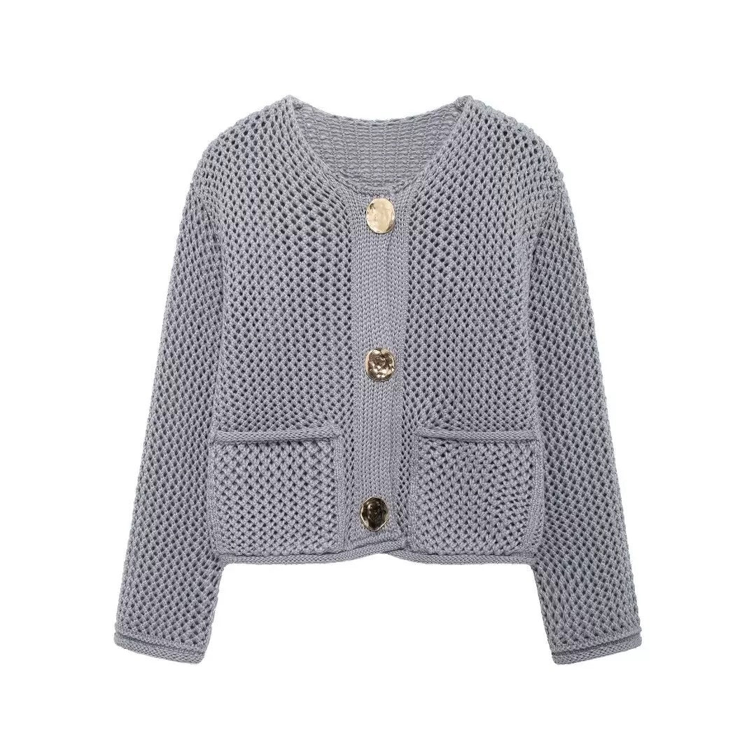 Dame mesh strik cardigan med praktiske lommer og dekorative knapper Stilla