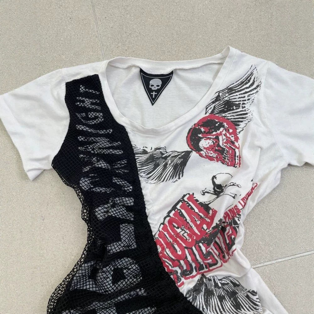 Dame afslappet T-shirt med unikt grafikdesign og sporty mesh-indlæg Skovae