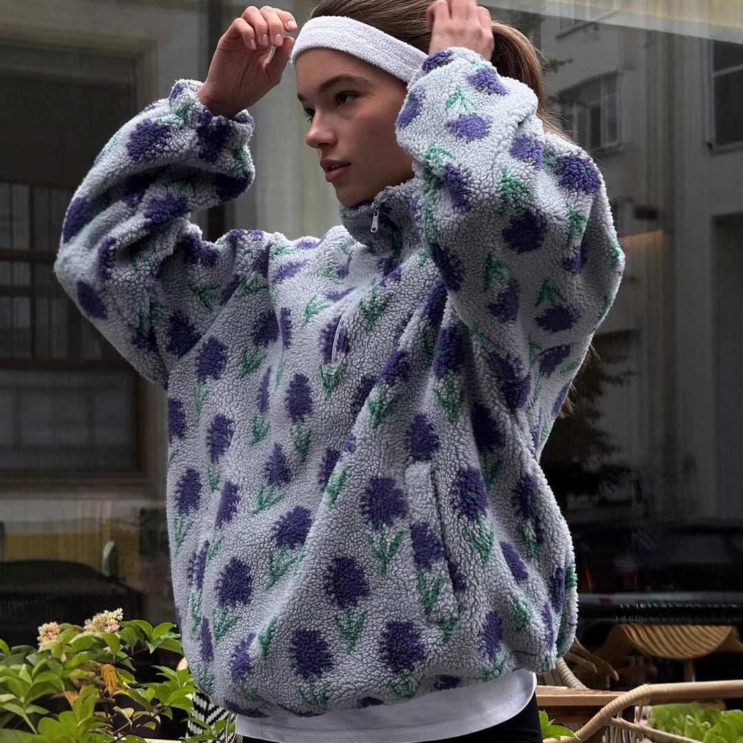 Dame fleece pullover med blomsterprint og høj krave Stilla
