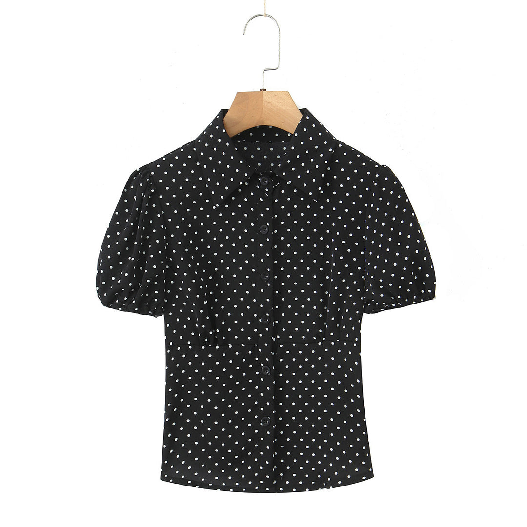 Dame Polka-Dot Bluse med puffærmer og elegant krave Stilla