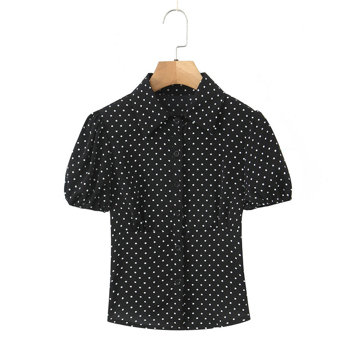 Dame Polka-Dot Bluse med puffærmer og elegant krave Stilla