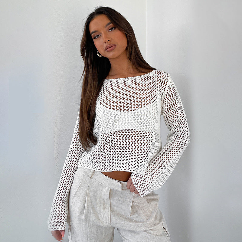 Dame net hækle sweater med trendy cropped snit og lange ærmer Stilla