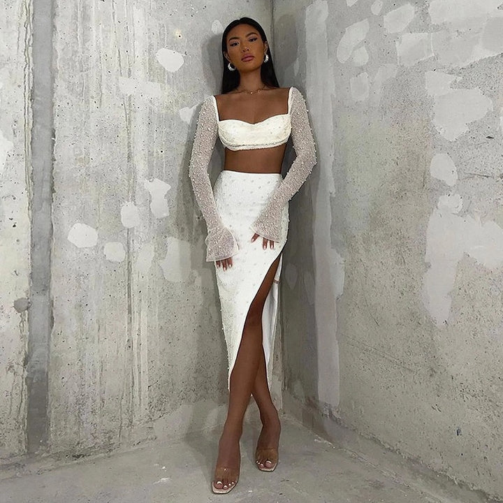 Dame Elegant Crop-top med lange, gennemsigtige ærmer og glitrende accenter Skovae