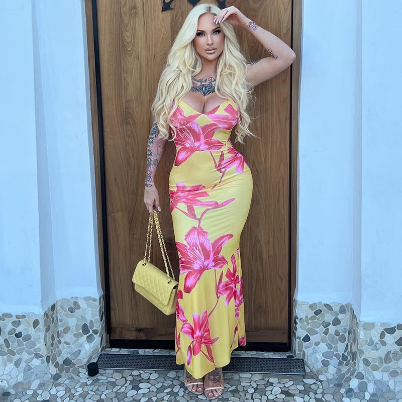 Dameblomsterprint spaghetti-strop maxi-kjole Stilla