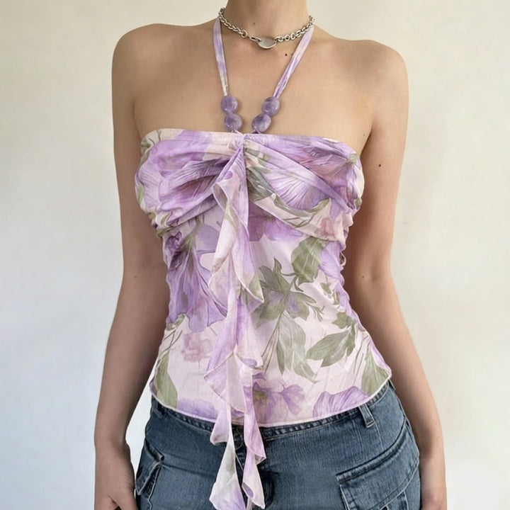Dame Spaghetti-top med blomsterindsatser og transparente flæser Skovae