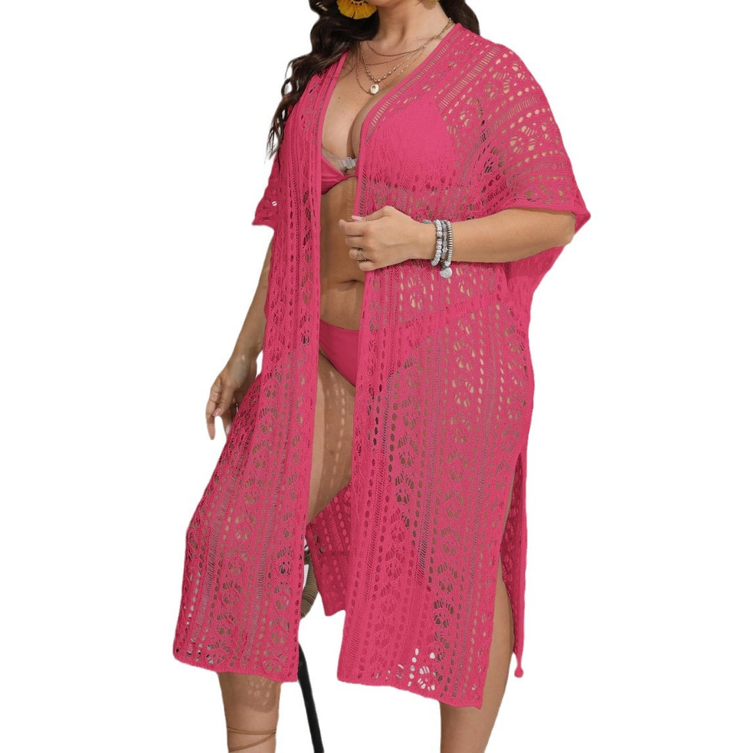 Dame hækle-strandkimono med luftig maskestruktur og siden slidsdetaljer Stilla