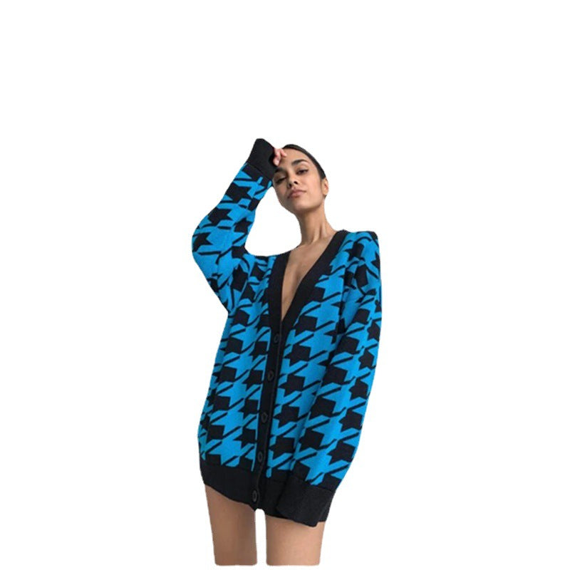 Kvinders mode cardigan i houndstooth mønster Stilla
