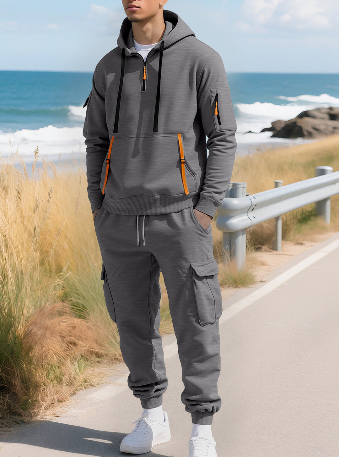 Herre casual halv-zip hoodie med kængurulomme og cargo joggerbuksen med lynlåsdetaljer Skovae