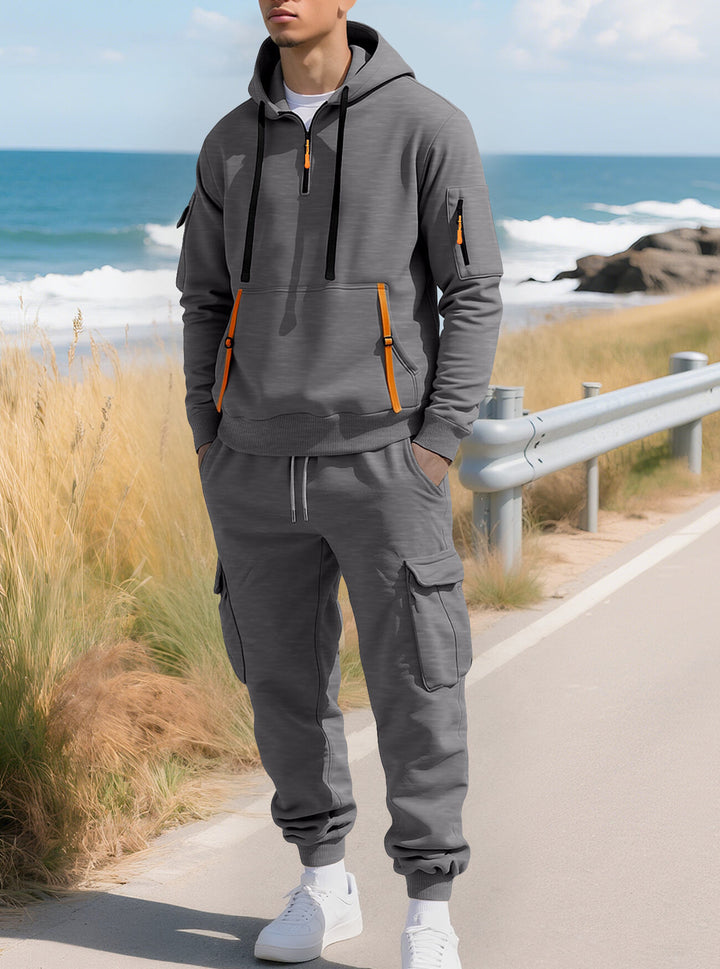 Herre casual halv-zip hoodie med kængurulomme og cargo joggerbuksen med lynlåsdetaljer Skovae