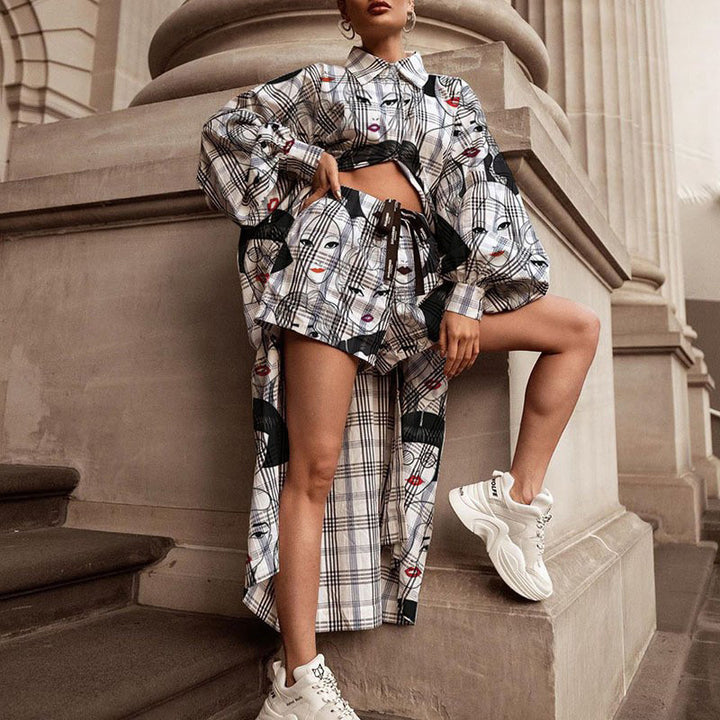 Dame Ternet Oversized-Skjortejakke med fashionabelt Print og Shorts Stilla
