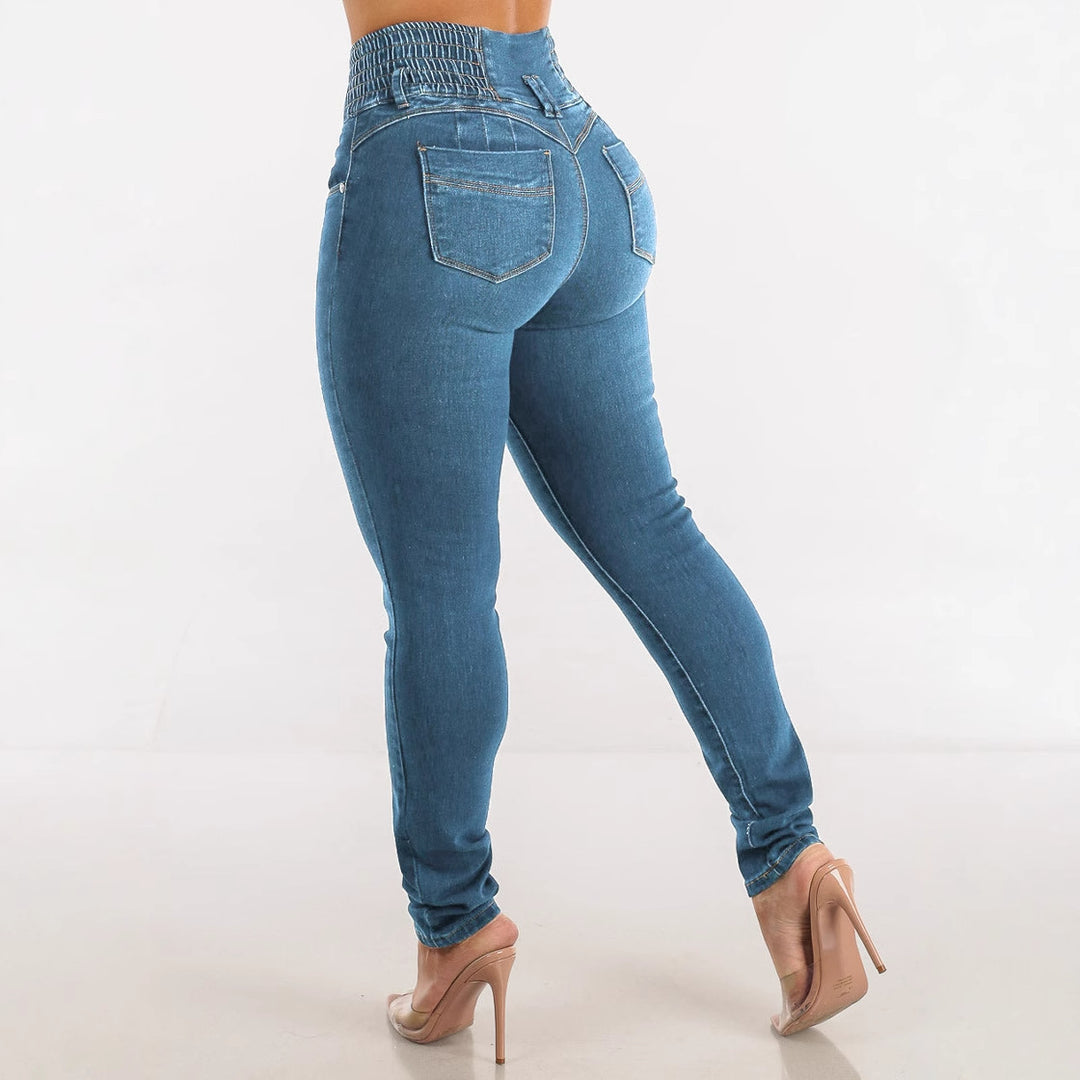 Kvinder Højere Talje Skinny Jeans med Elastisk Talje og Dekorative Knapper Stilla