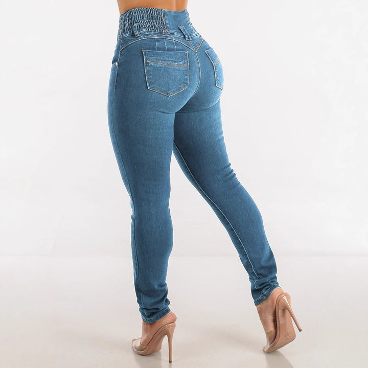 Kvinder Højere Talje Skinny Jeans med Elastisk Talje og Dekorative Knapper Stilla