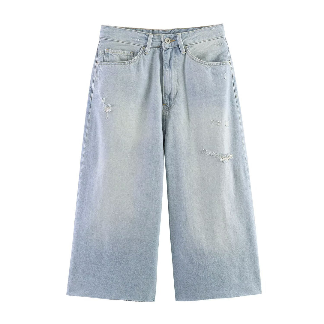 Damevidt skåret jeans i afslappet destroyed-design Skovae