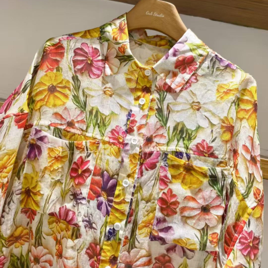 Dame Floral Print Tekstureret Knappet Skjorte Stilla
