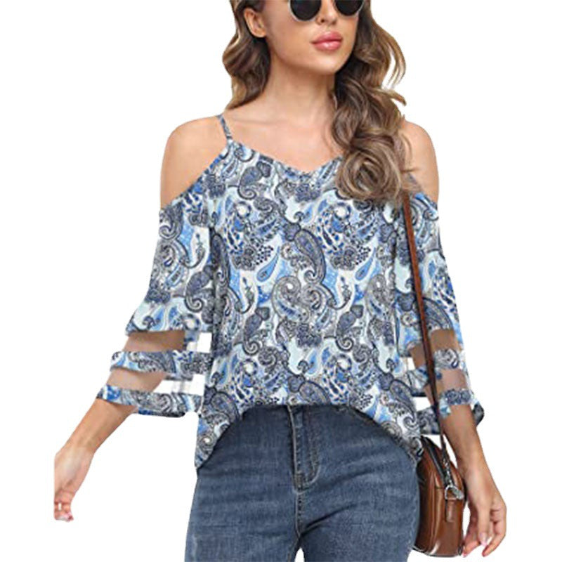 Dame skulderfri bluse med paisley mønster Stilla