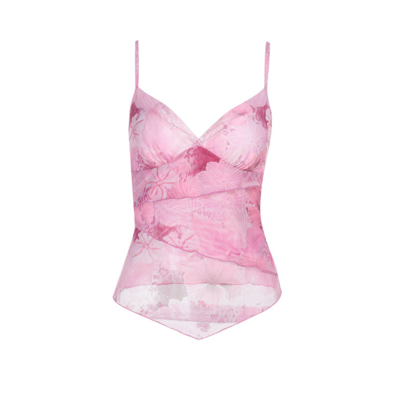 Dames Blomster Blonde Top med Elegant Indpakningslook og Fine Spaghetti Stropper Skovae