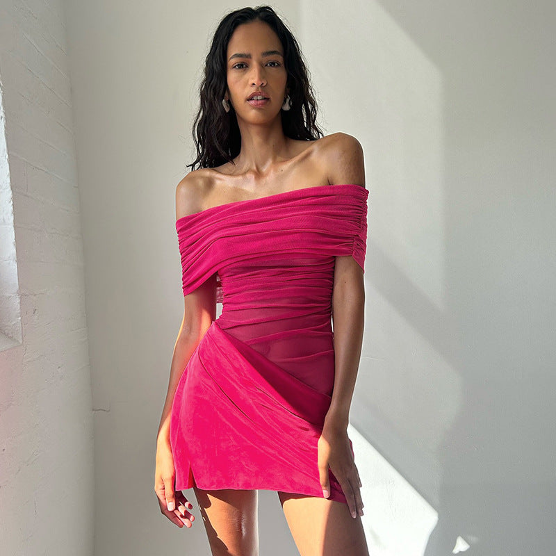 Dame Off-Shoulder Mini-Kjole med Flæsede Detailler og Figurformet Silhuet Skovae