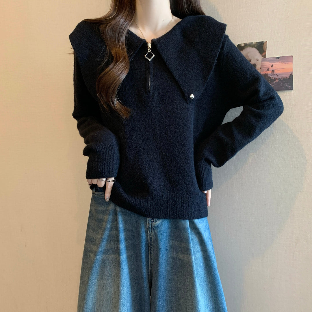 Kvinders sweater med unik krave og dekorativ lynlås Stilla