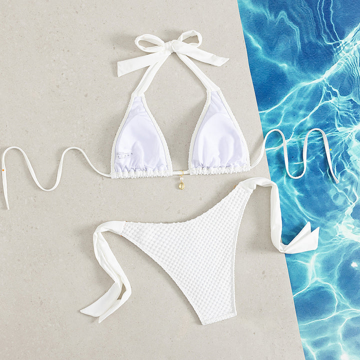 Dame triangel-bikini med elegante sløjfer og muslingeforzieringer Skovae