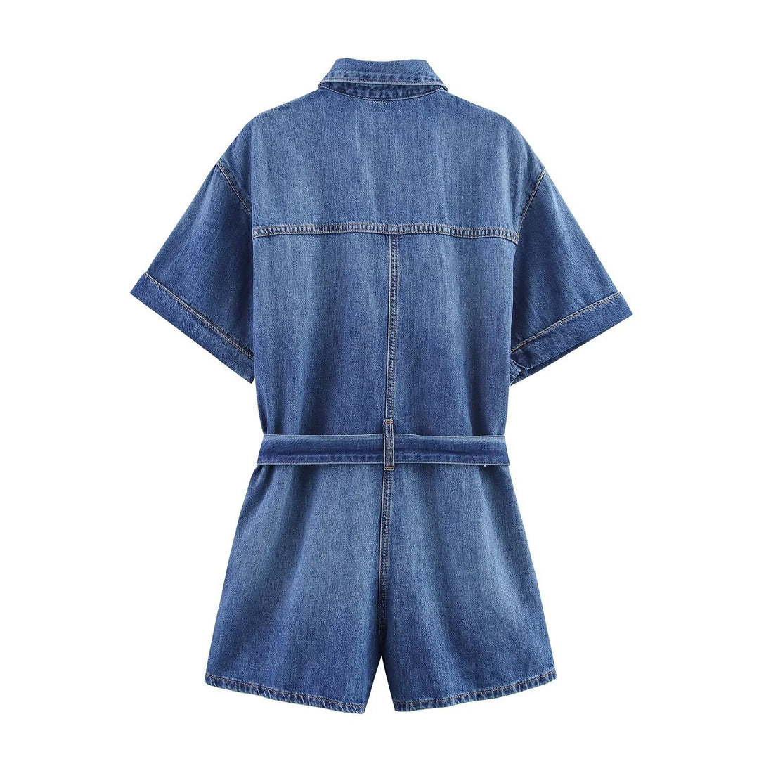 Dame jeans skjorte kjole med elegant bælte og korte ærmer Skovae