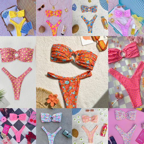Dame bandeau-bikini med blomsterprint og sløjfe-detalje Skovae
