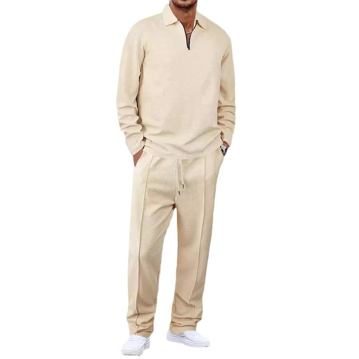 Unisex nan Vaffelstruktur Fritids-sæt med Halvzip-Polo-shirt og elastisk Bundbukser Skovae