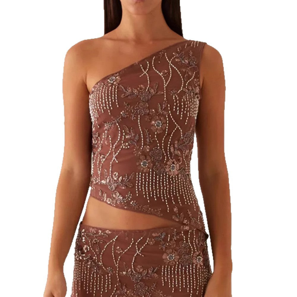 Kvinders asymmetrisk top med blomstret rhinestones design Skovae
