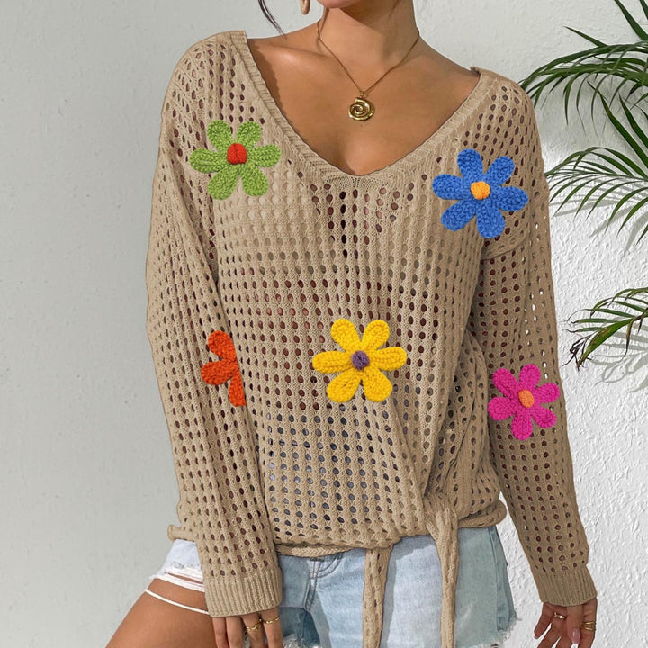 Dame netbluse med glade hæklede blomster og bindebælte Stilla