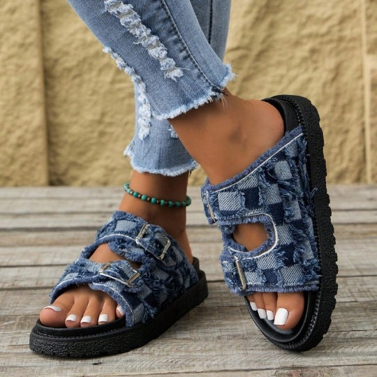Dame mode sandaler med remme og frynset denim Stilla