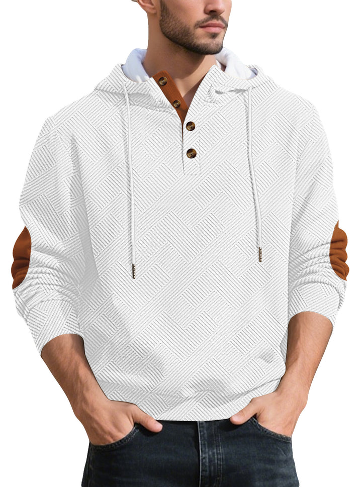 Herrer nan struktureret hætte-Henley-pullover med jacquardstruktur, knapstolpe og albuepatches Skovae