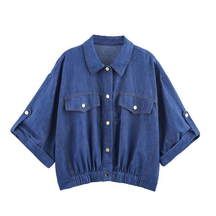 Damer casual denim sæt med crop bluse og elastiske bukser Skovae